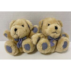 Teddy Bears With Blue Denim Paws & Bow Ties 4.5" Lot of 2 matching